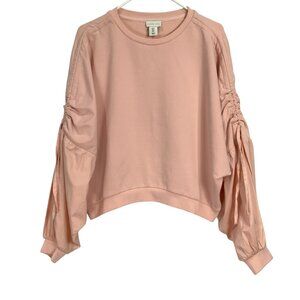 A Pictures Worth Pink Ruched Balloon Sleeve Crop Sweatshirt Pullover Top Size S
